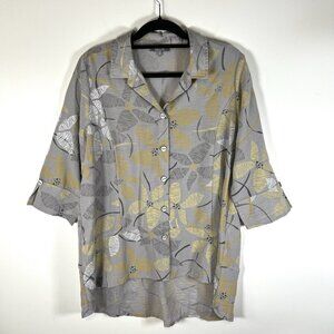 Habitat Top Womens M Gray Yellow Floral Toggle Buttons‎ Tunic Gauzy Lagenlook